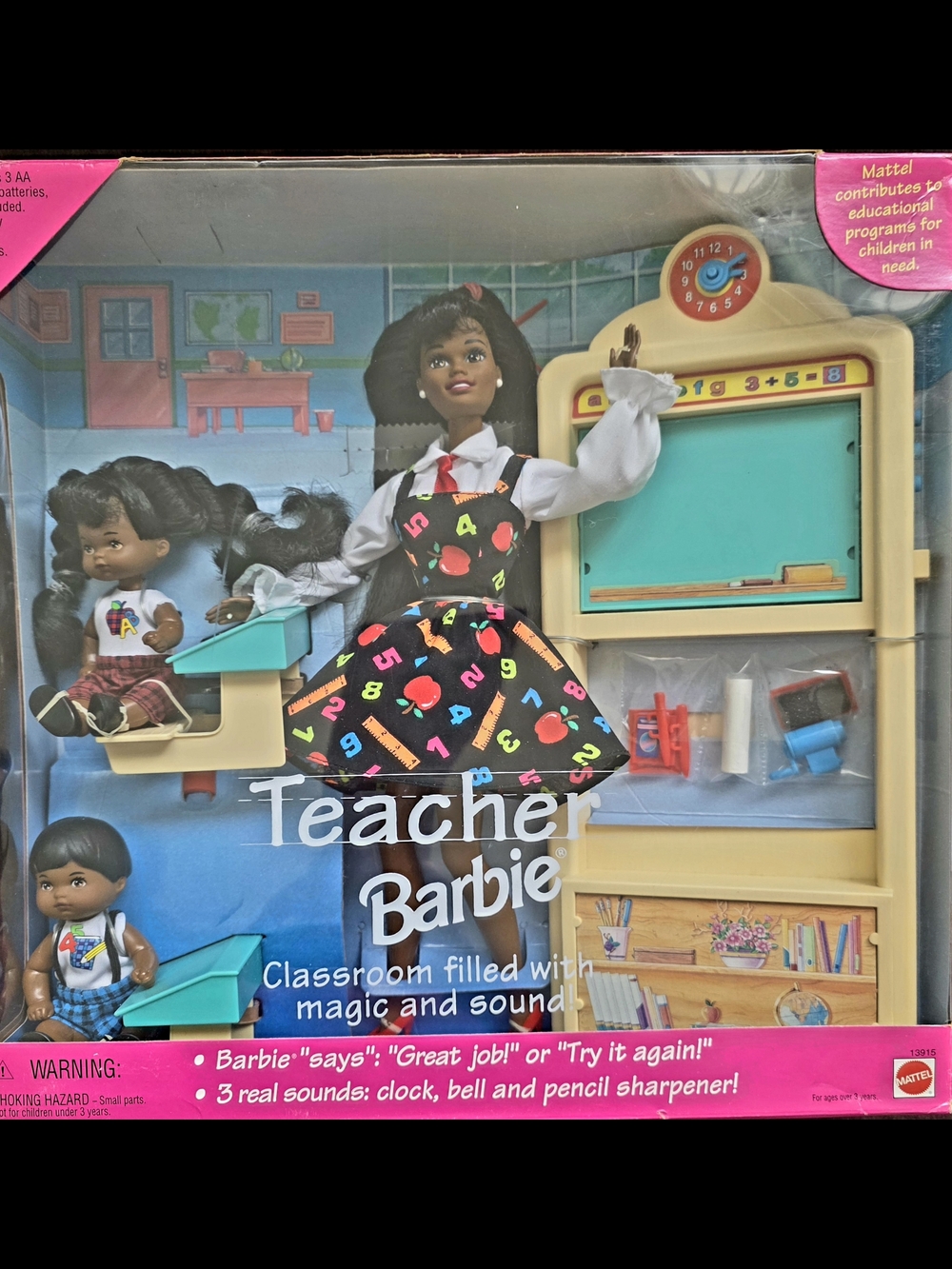 Barbie Teacher Doll in Black with Colorful School Print Dress